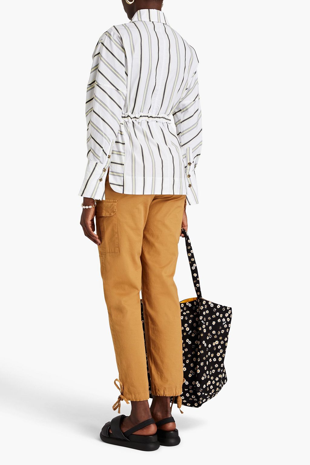 GANNI Belted striped cotton-poplin shirt
