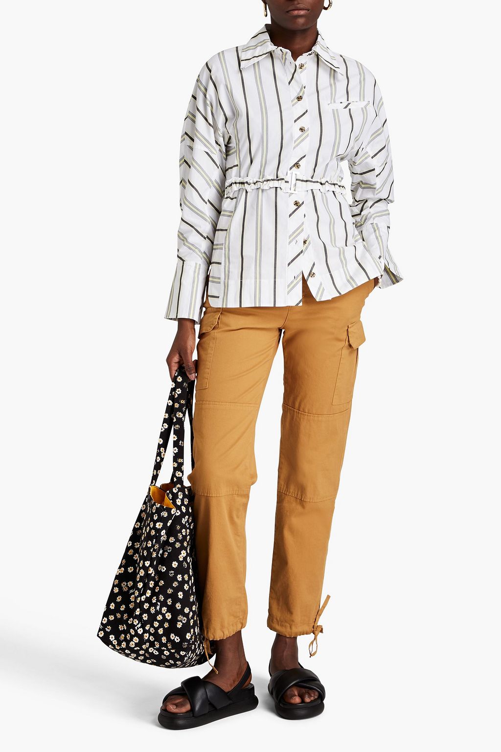 GANNI Belted striped cotton-poplin shirt