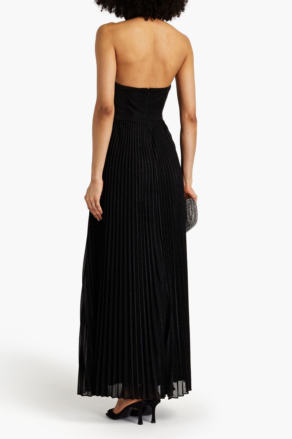 HALSTON Metallic plissé-woven gown