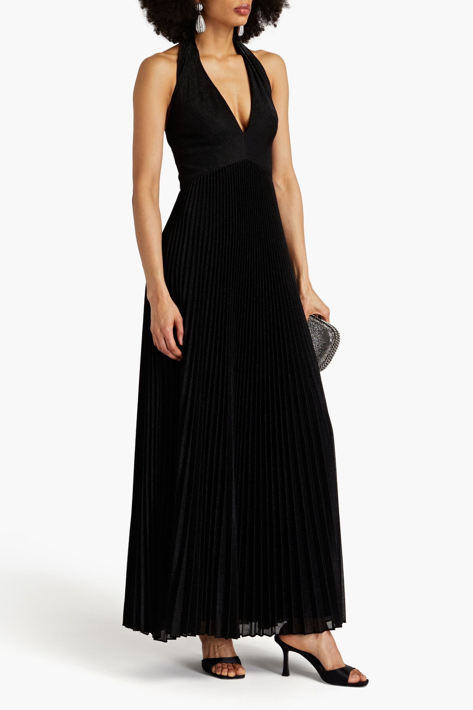 HALSTON Metallic plissé-woven gown