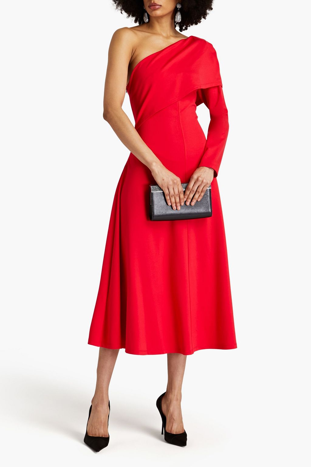 HALSTON One-sleeve stretch-jersey midi dress