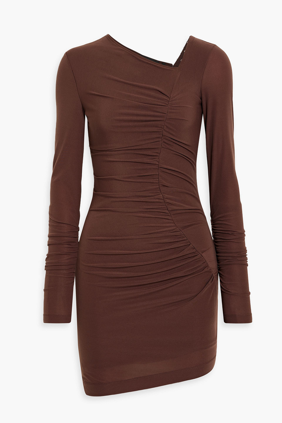 Shop Helmut Lang Ruched Jersey Mini Dress In Chocolate