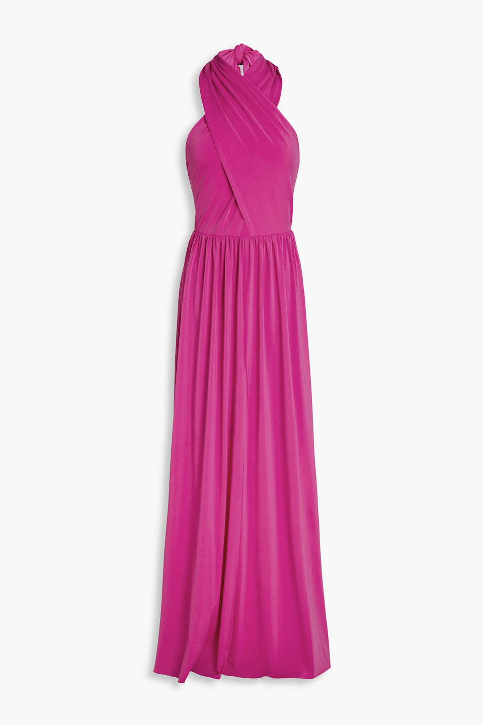 Halston Gathered Cutout Crepe Halterneck Gown In Bright Pink