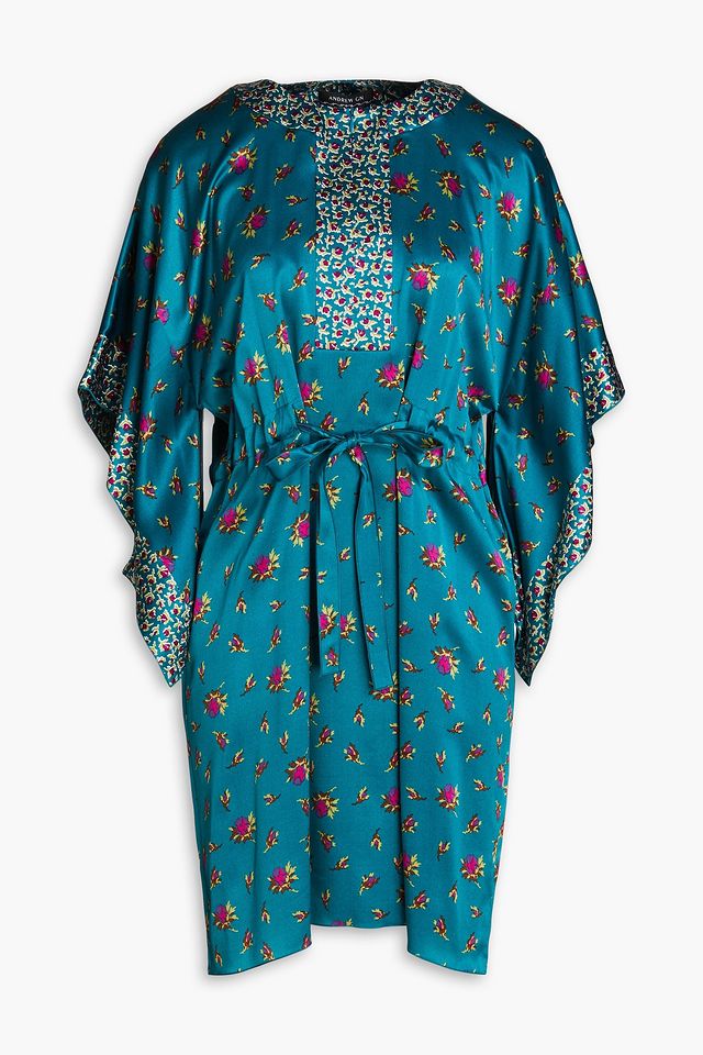 Ruffled floral-print silk-satin kaftan