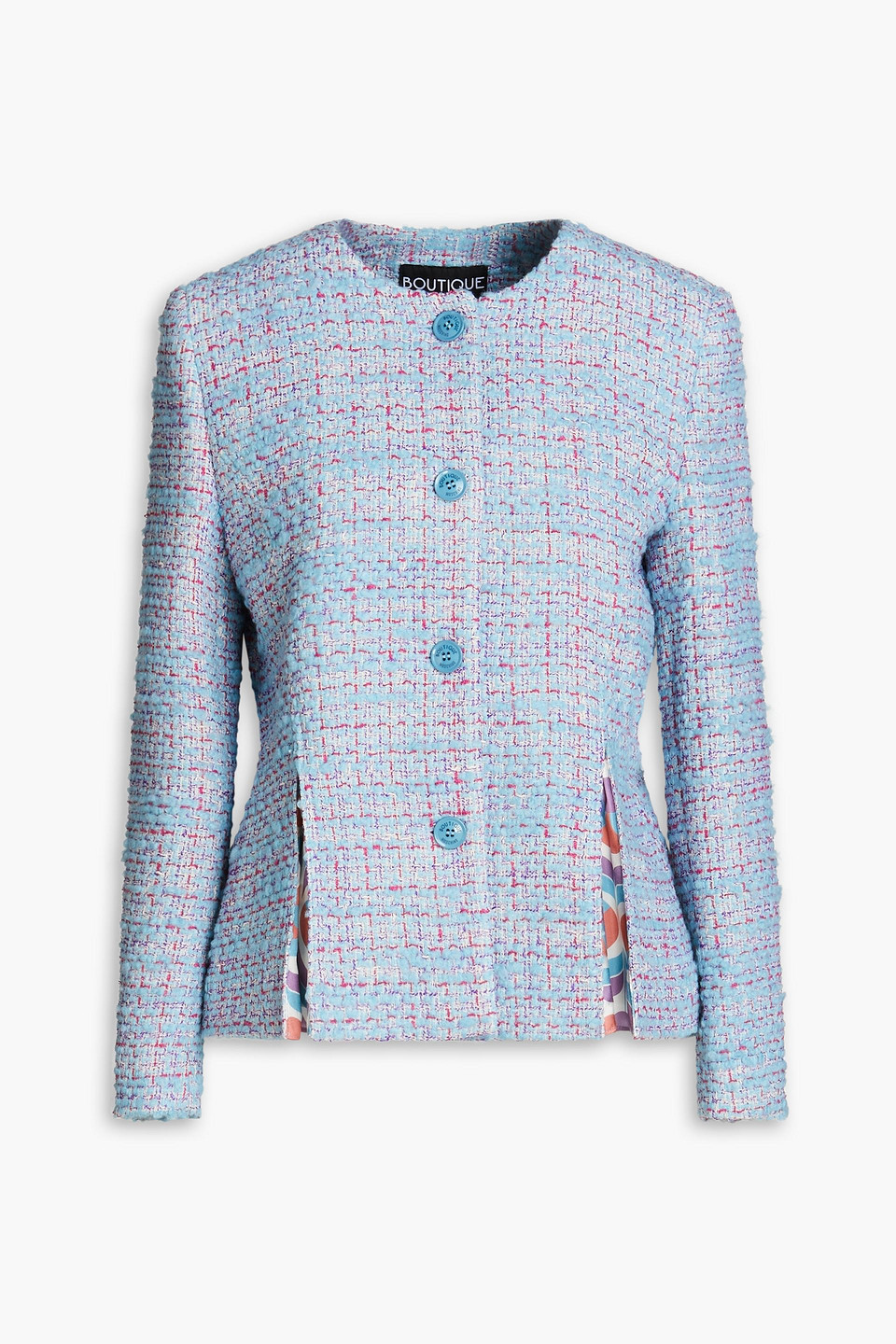 Shop Boutique Moschino Pleated Bouclé-tweed Jacket In Light Blue