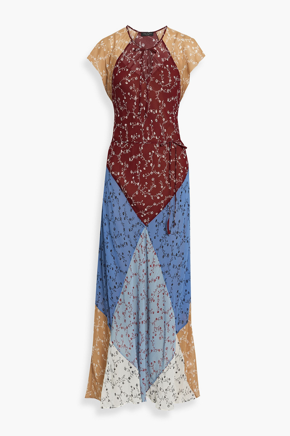 Color-block floral-print chiffon maxi dress