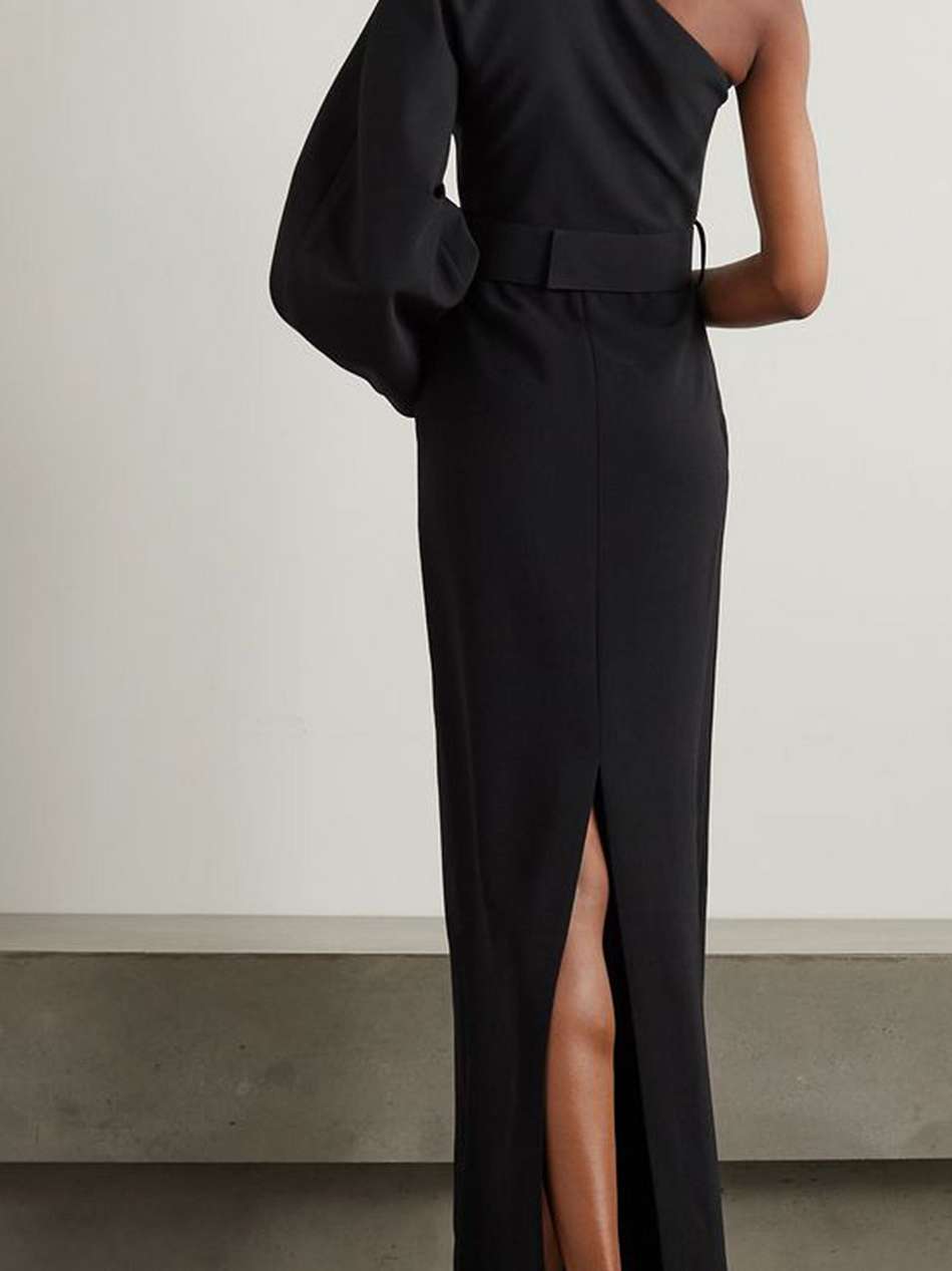 zaya one-shoulder belted crepe maxi dress