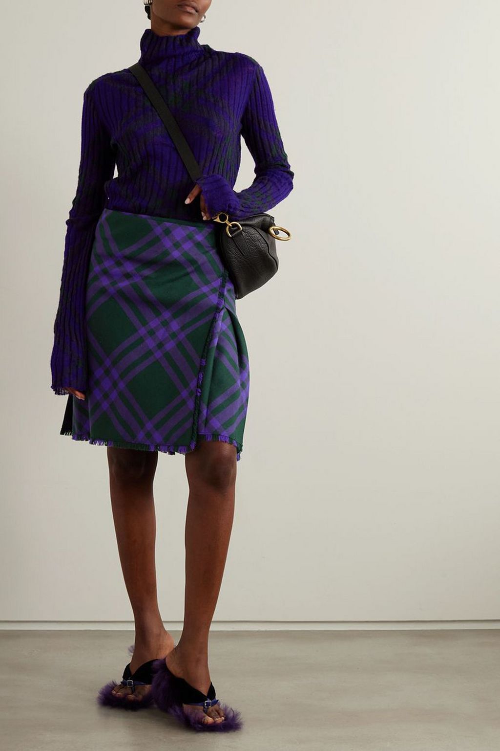 BURBERRY Frayed checked wool wrap skirt