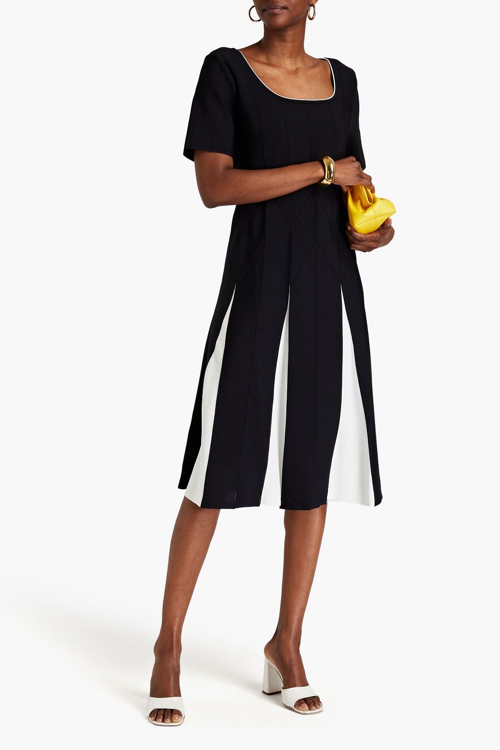 CAROLINA HERRERA ニット ミディワンピース バイカラー タック入り