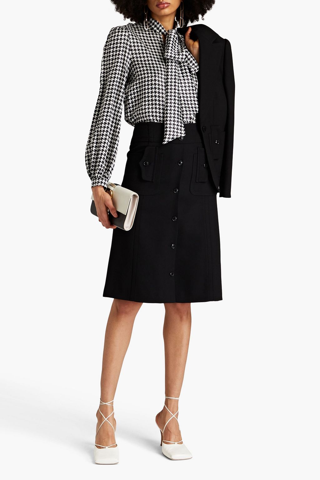 BOUTIQUE MOSCHINO Pussy-bow houndstooth satin blouse | THE OUTNET