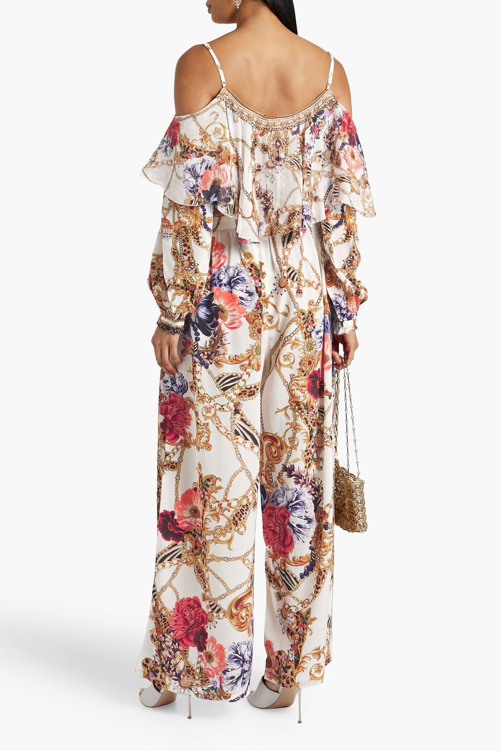 CAMILLA Cold-shoulder embellished printed silk crepe de chine top