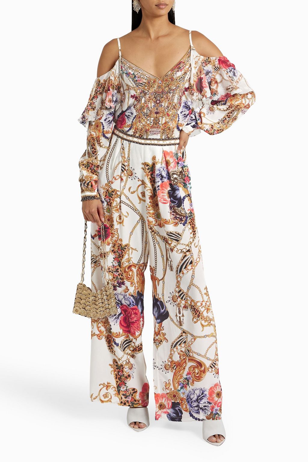 CAMILLA Cold-shoulder embellished printed silk crepe de chine top
