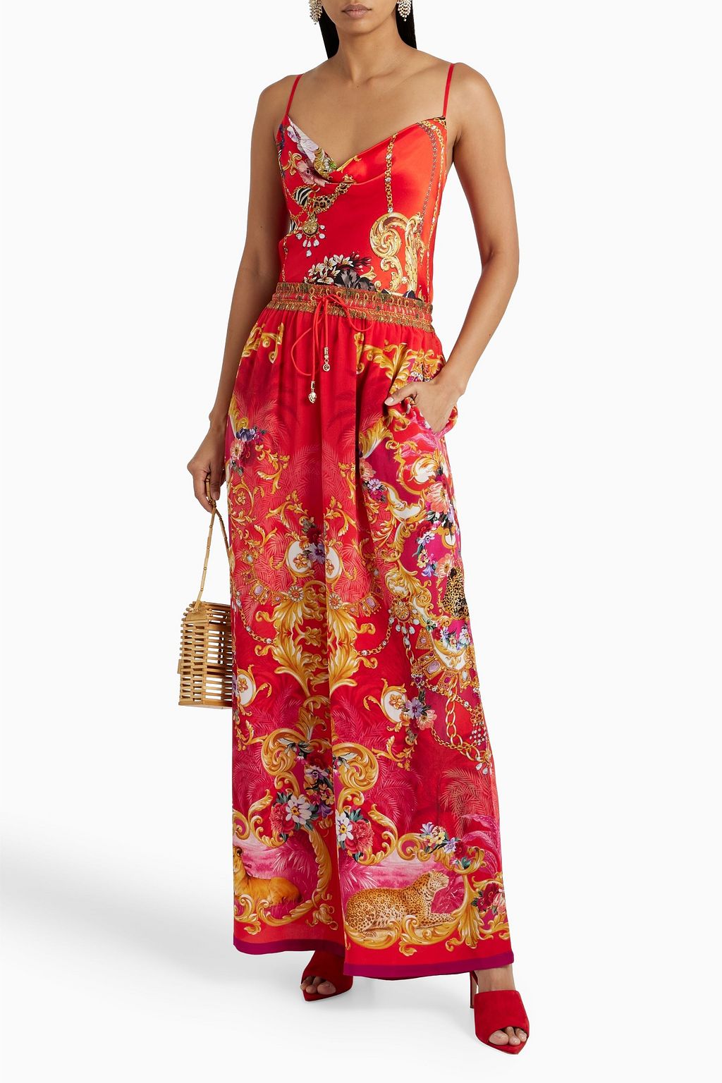 CAMILLA Embellished printed silk crepe de chine wide-leg pants