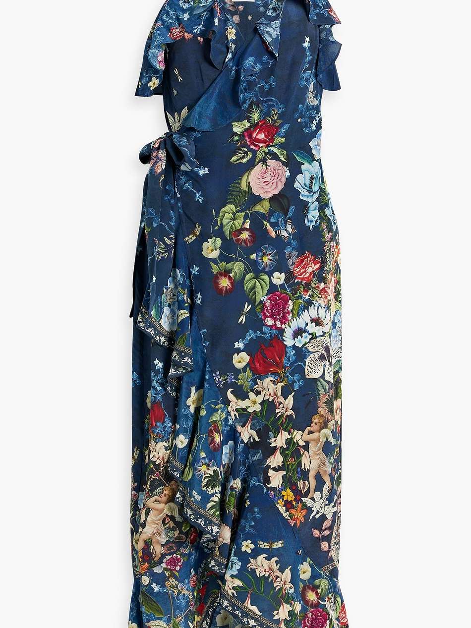 ruffled printed silk midi wrap dress