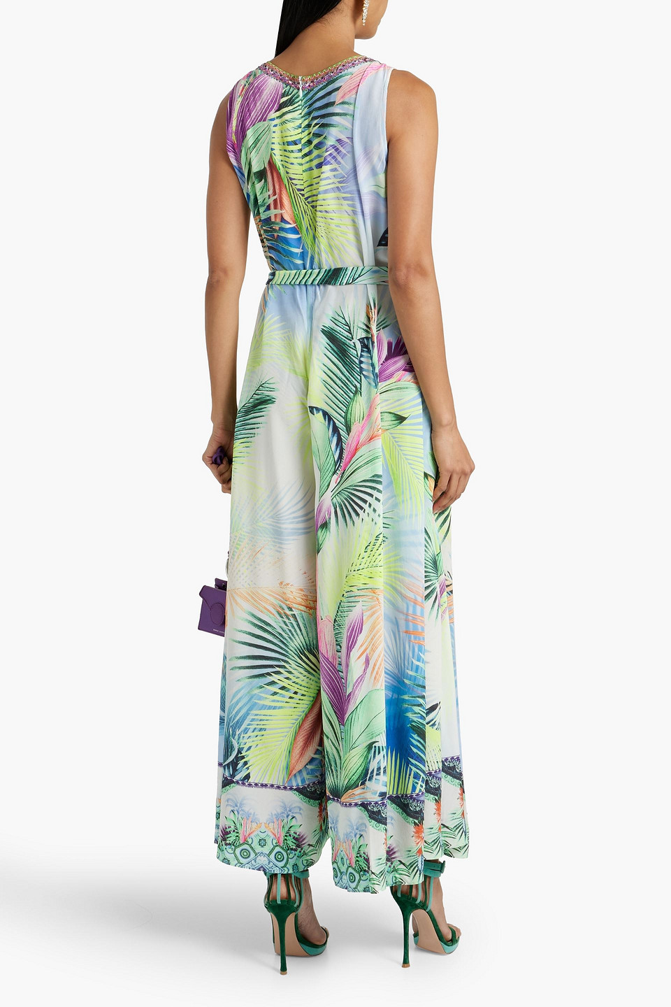 Shop Camilla Embellished Belted Silk Wide-leg Jumpsuit In Light Green