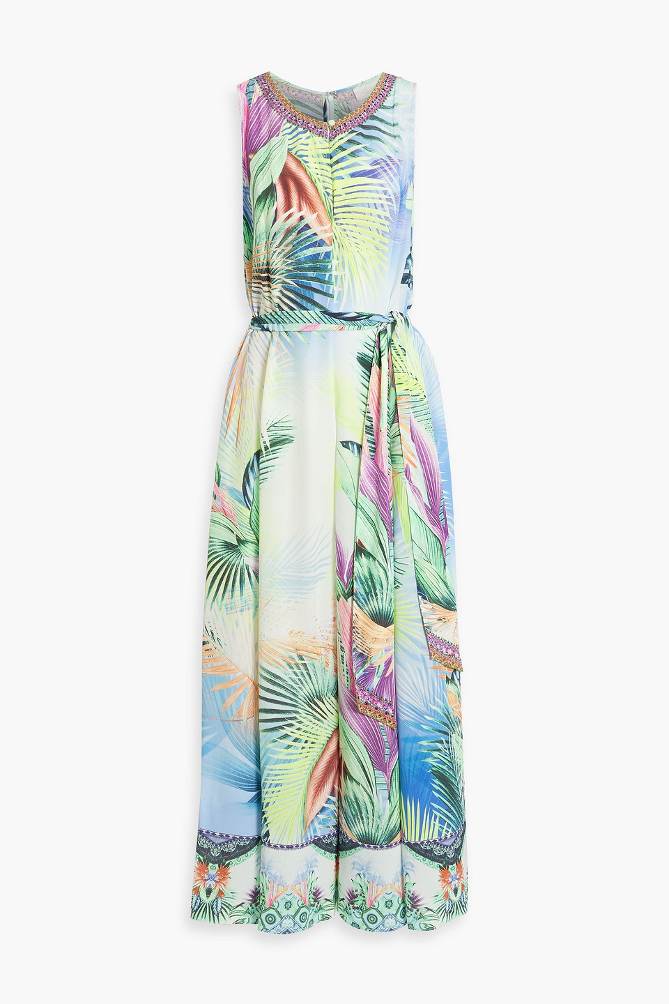 Camilla Embellished Belted Silk Wide-leg Jumpsuit In Light Green