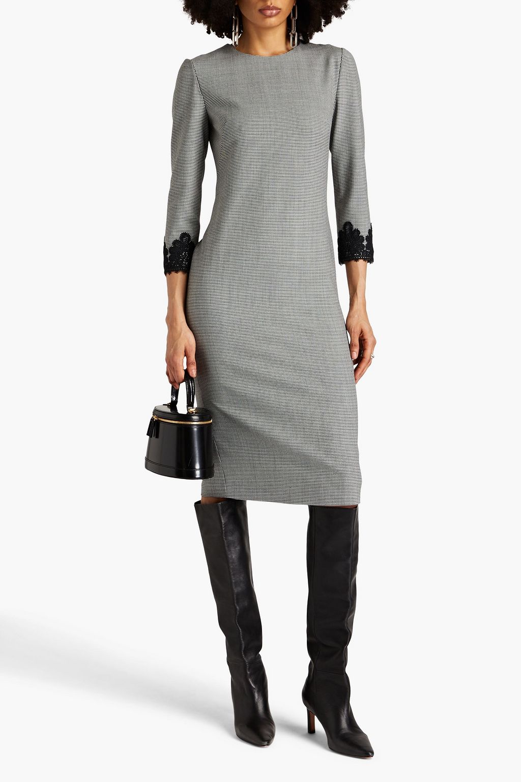 BOUTIQUE MOSCHINO Lace-trimmed houndstooth woven midi dress