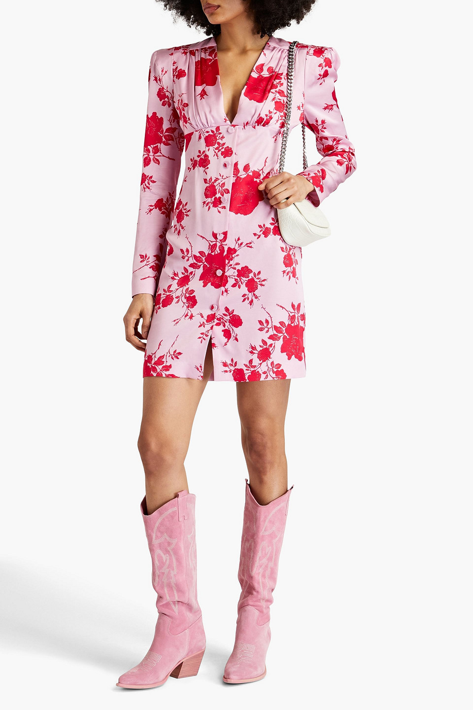 PHILOSOPHY DI LORENZO SERAFINI GATHERED FLORAL-PRINT SATIN MINI DRESS 3074457345636811683