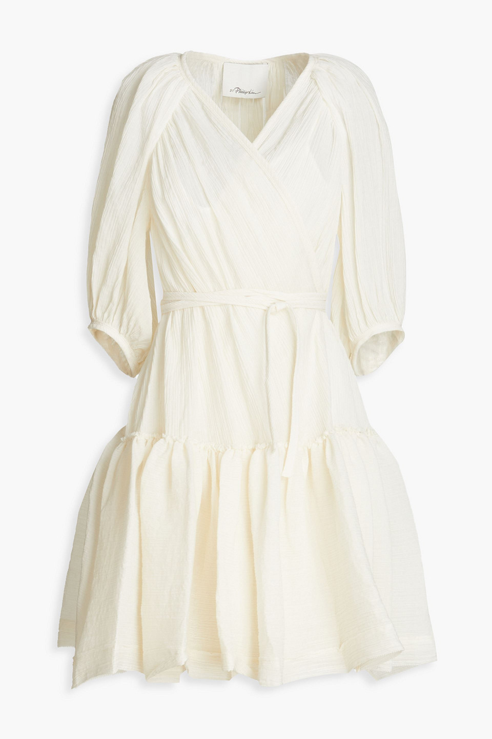Shop 3.1 Phillip Lim Ruffled Cotton-blend Crepon Mini Wrap Dress In Ecru