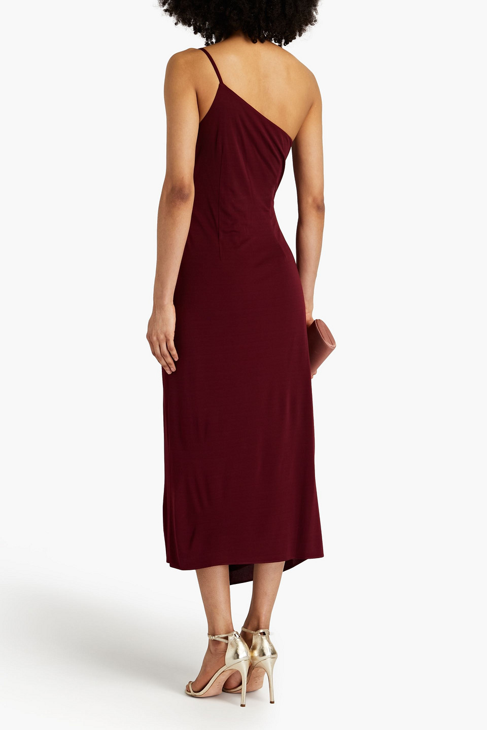 HALSTON CAMILLE ONE-SHOULDER DRAPED JERSEY MIDI DRESS 3074457345636816147
