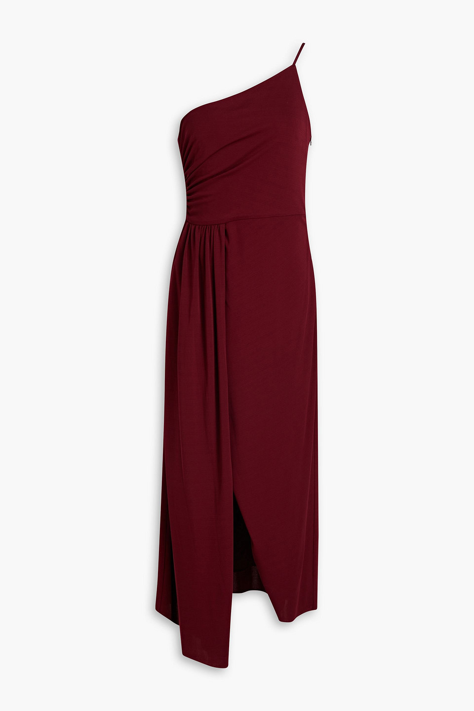 Halston Camille One-shoulder Draped Jersey Midi Dress In Burgundy