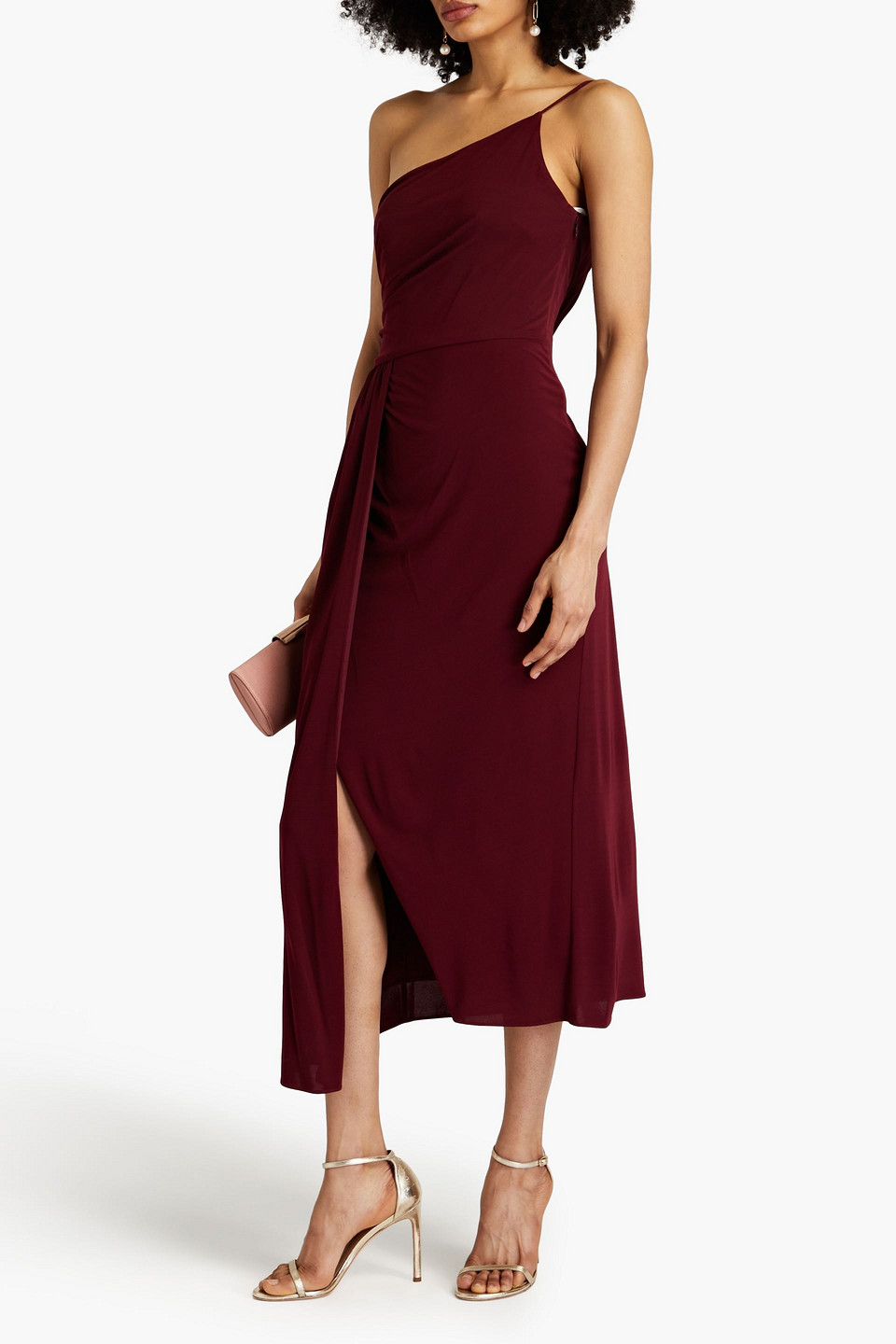 Shop Halston Camille One-shoulder Draped Jersey Midi Dress In Burgundy