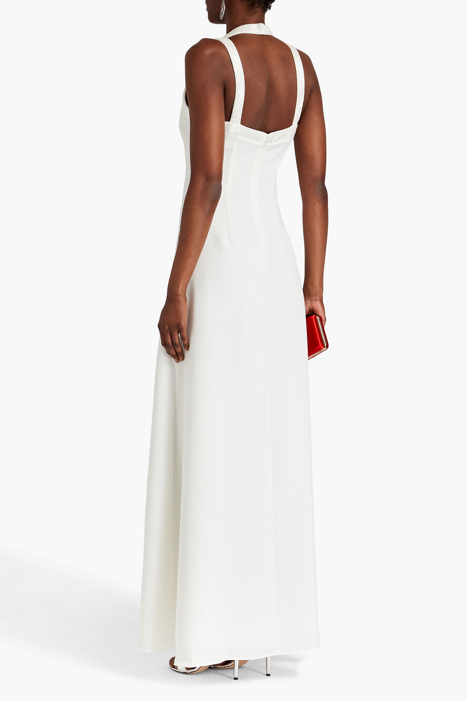 Shop Halston Allison Bead-embellished Crepe Gown In Ivory