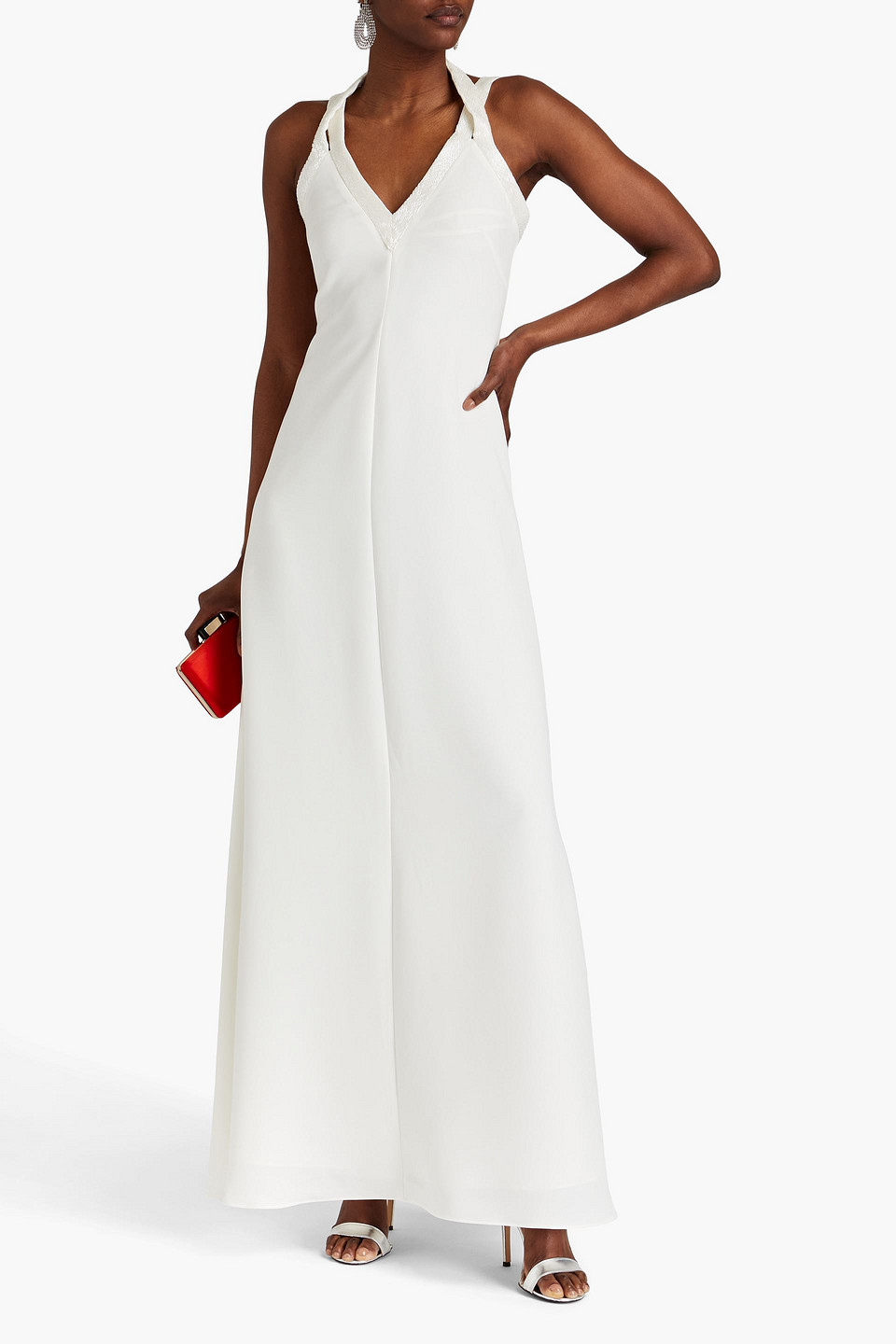 Halston Allison Column Gown W/ Beaded Details In Ivory