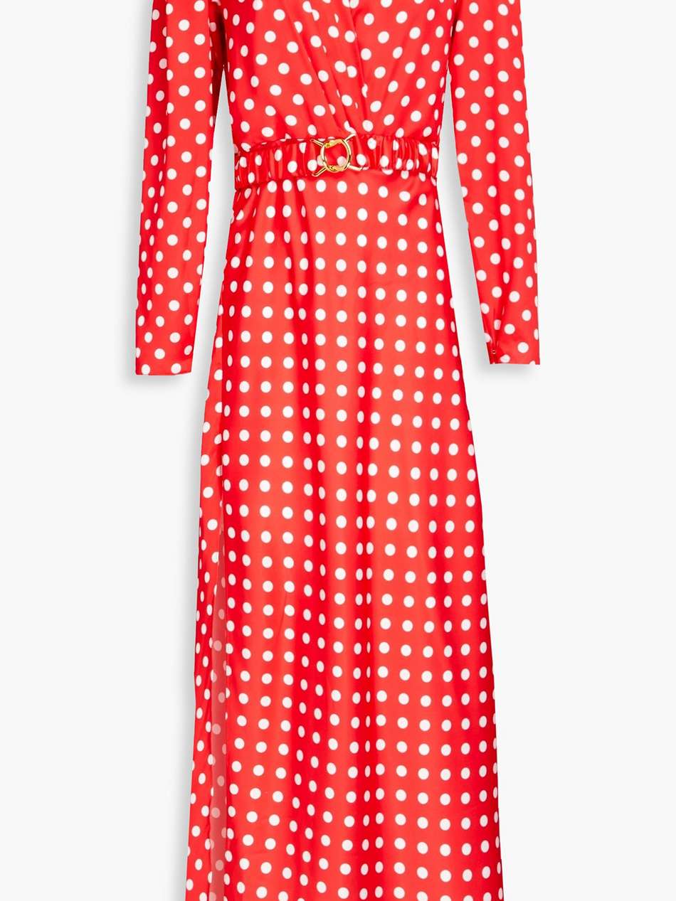 carmen belted polka-dot satin maxi dress