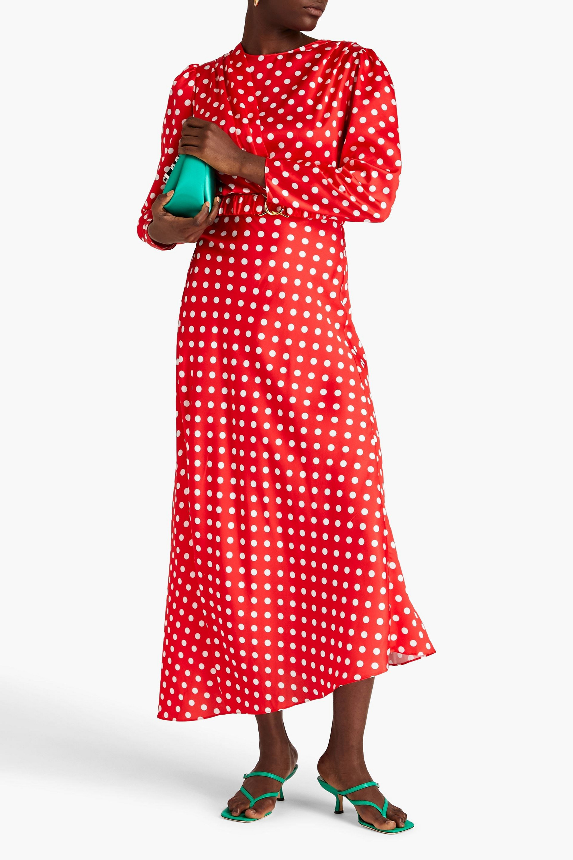 Ronny Kobo Carmen belted polka-dot satin maxi dress