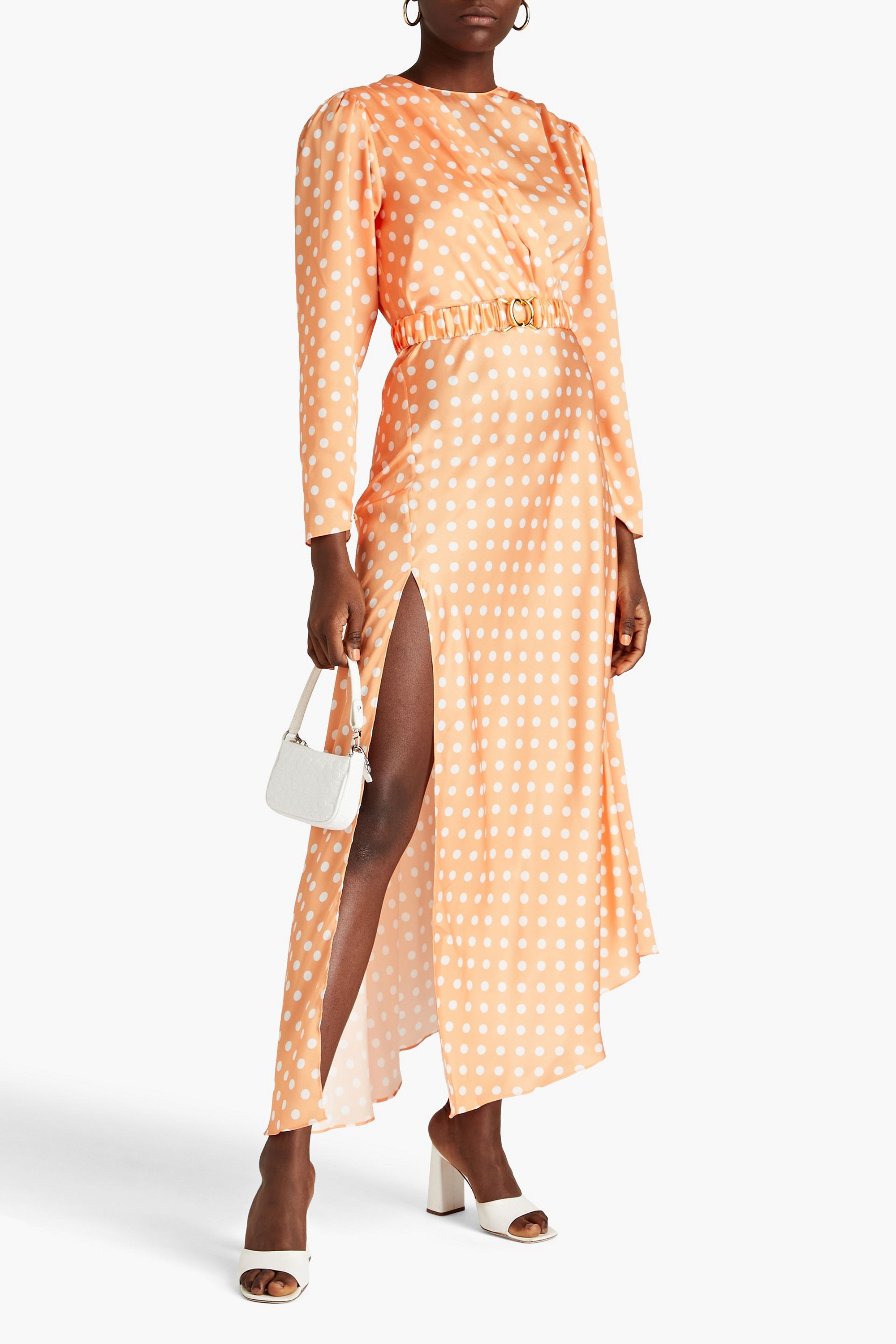 Ronny Kobo Carmen pleated polka-dot satin maxi dress