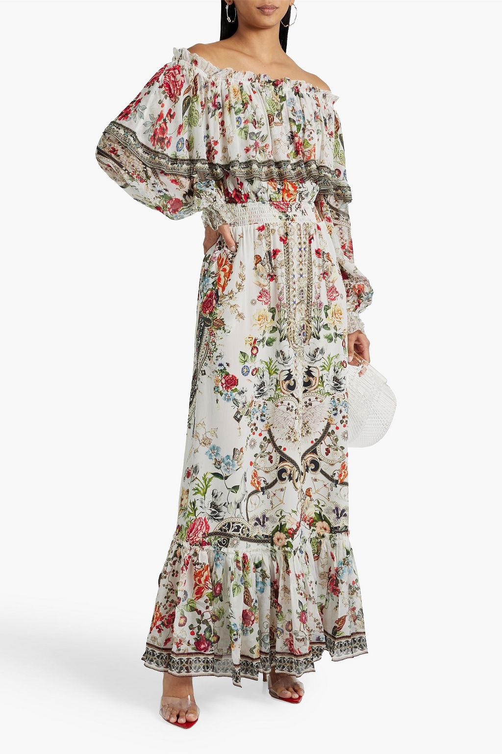 CAMILLA Off-the-shoulder embellished silk crepe de chine maxi dress