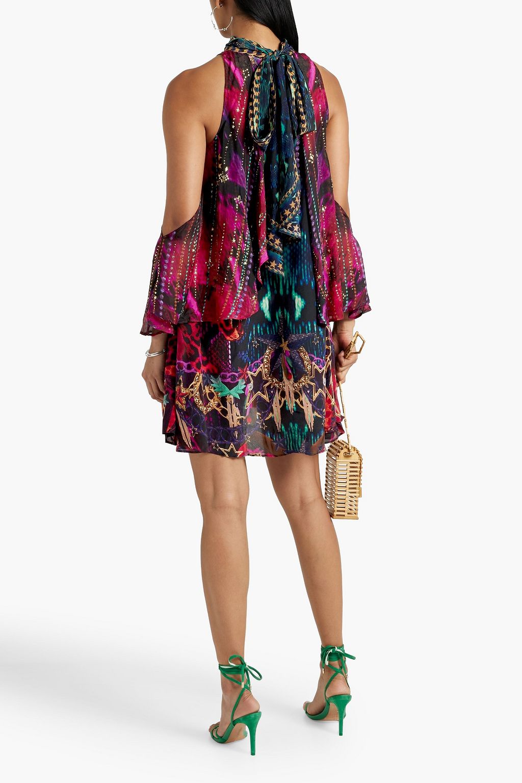 CAMILLA Cold-shoulder studded printed silk-chiffon mini dress