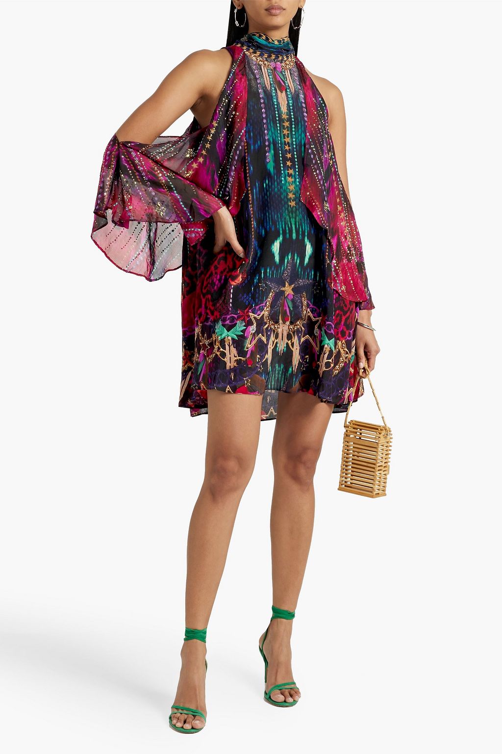 CAMILLA Cold-shoulder studded printed silk-chiffon mini dress
