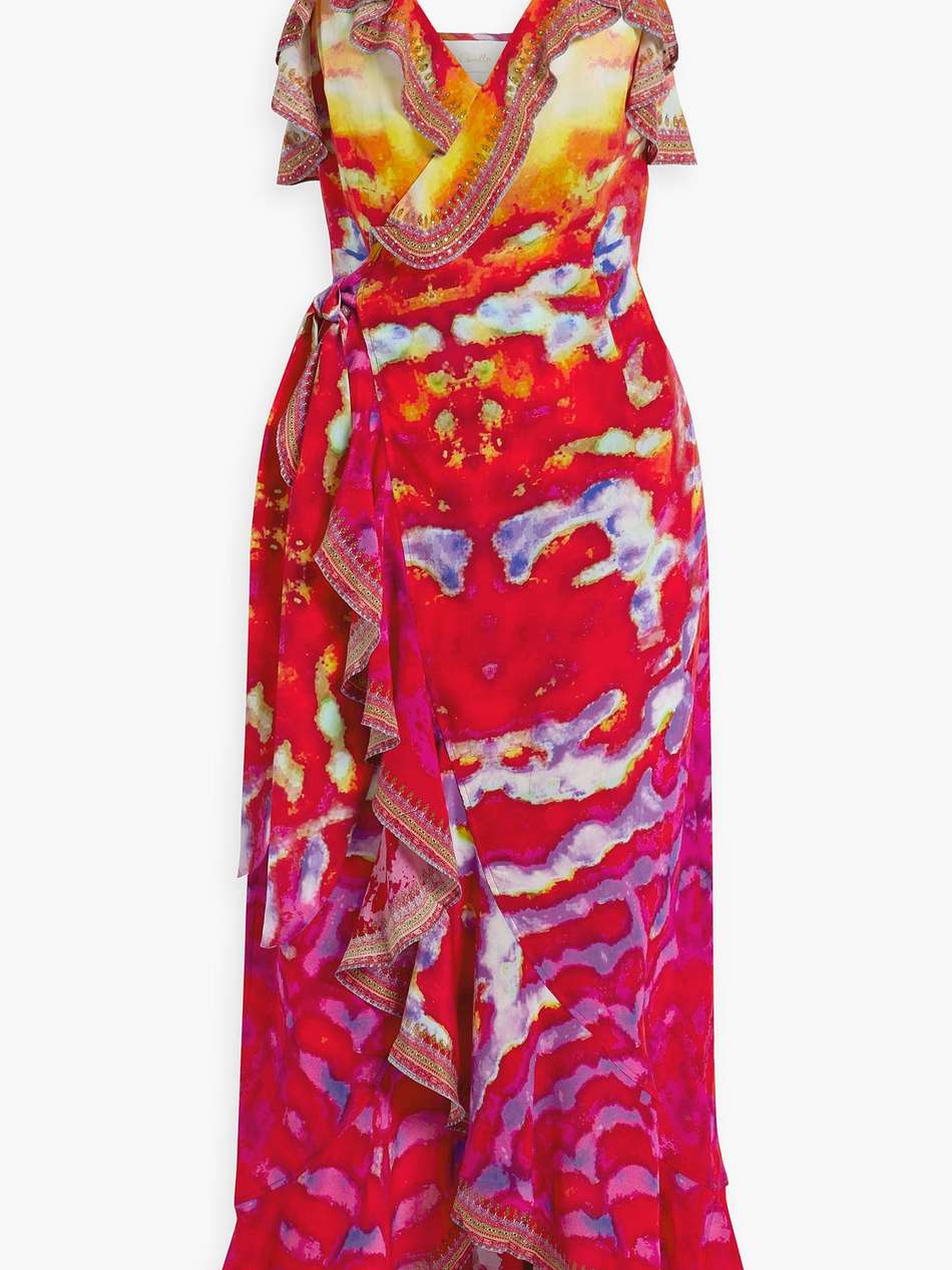 embellished printed silk crepe de chine maxi wrap dress