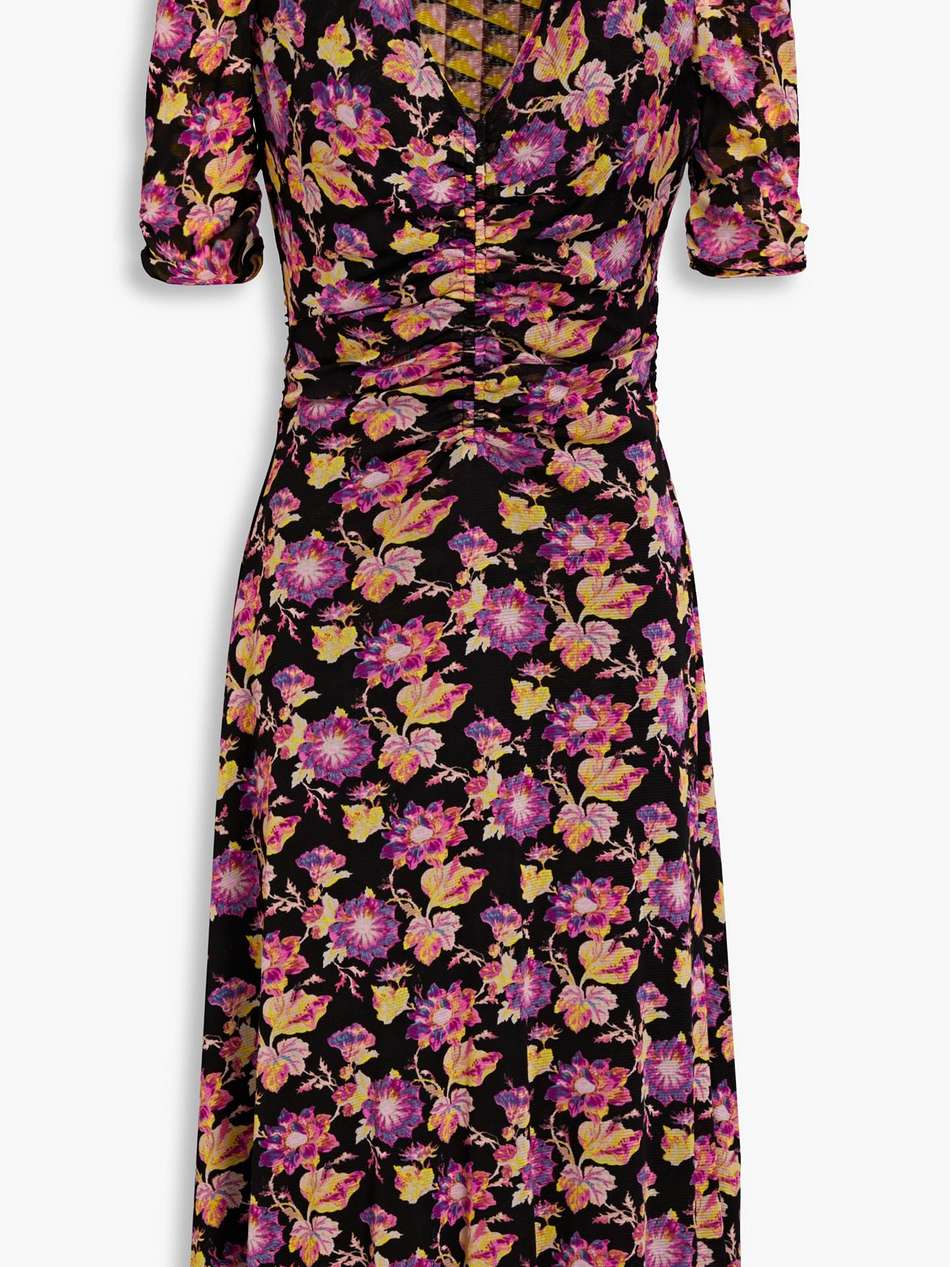 koren ruched floral-print stretch-mesh midi dress
