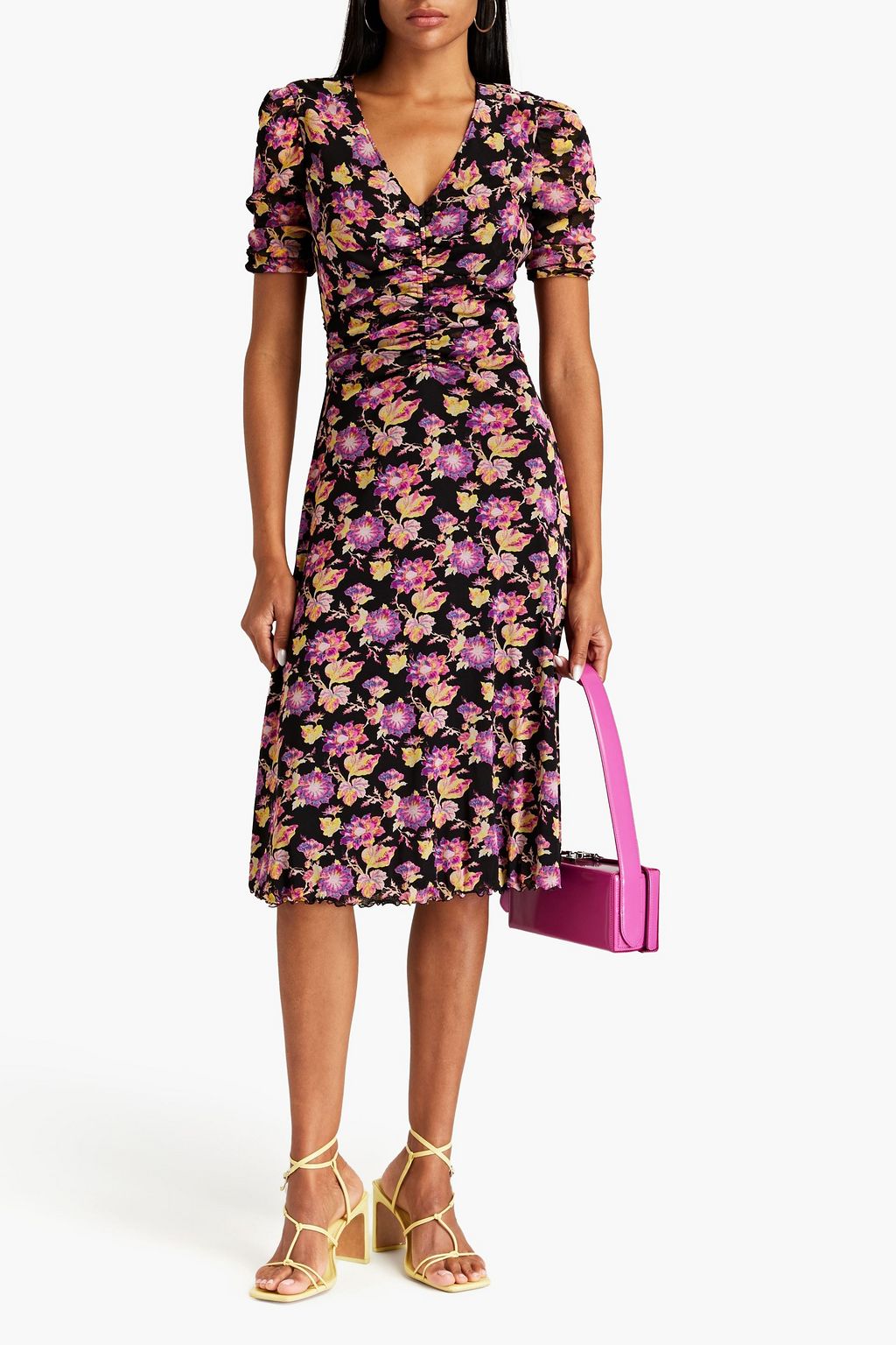 DIANE VON FURSTENBERG Koren ruched floral-print stretch-mesh midi dress