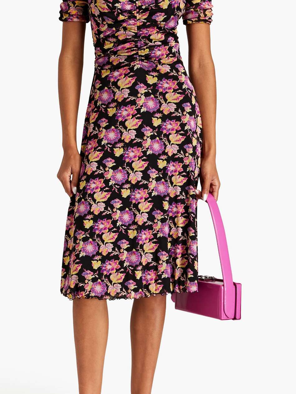 koren ruched floral-print stretch-mesh midi dress