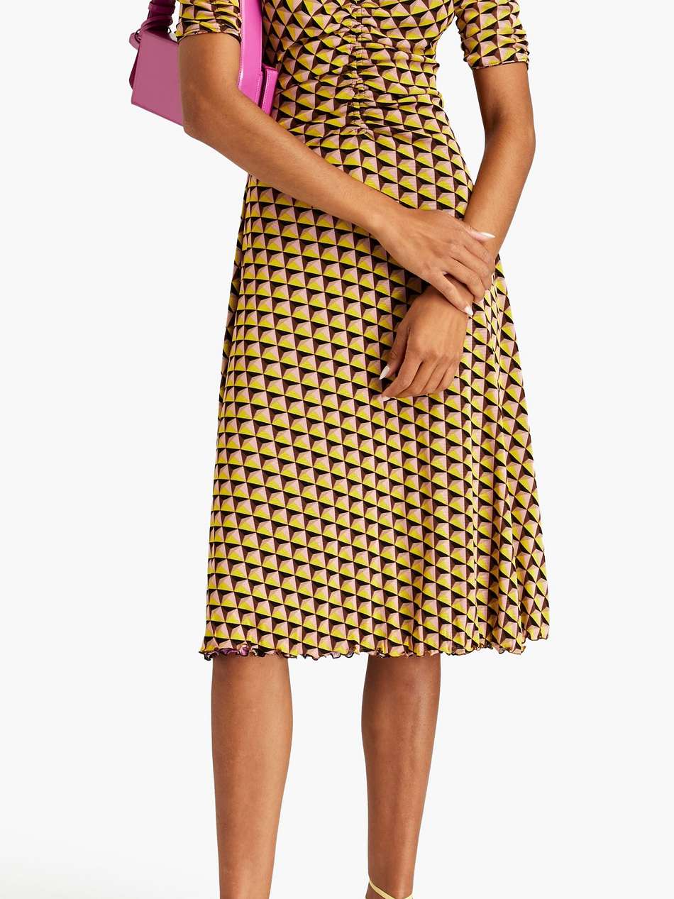 koren ruched floral-print stretch-mesh midi dress
