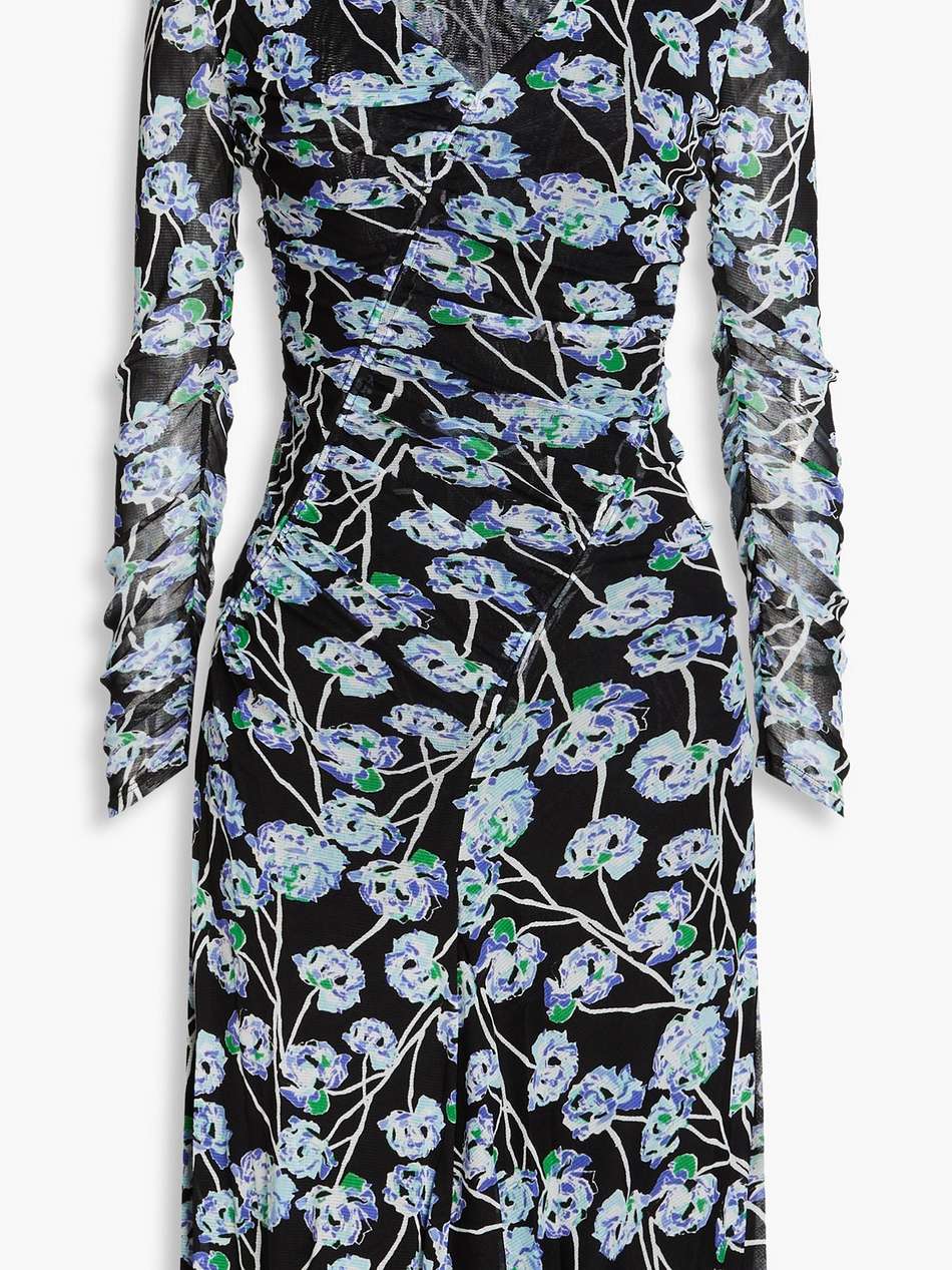 missy ruched floral-print stretch-mesh dress