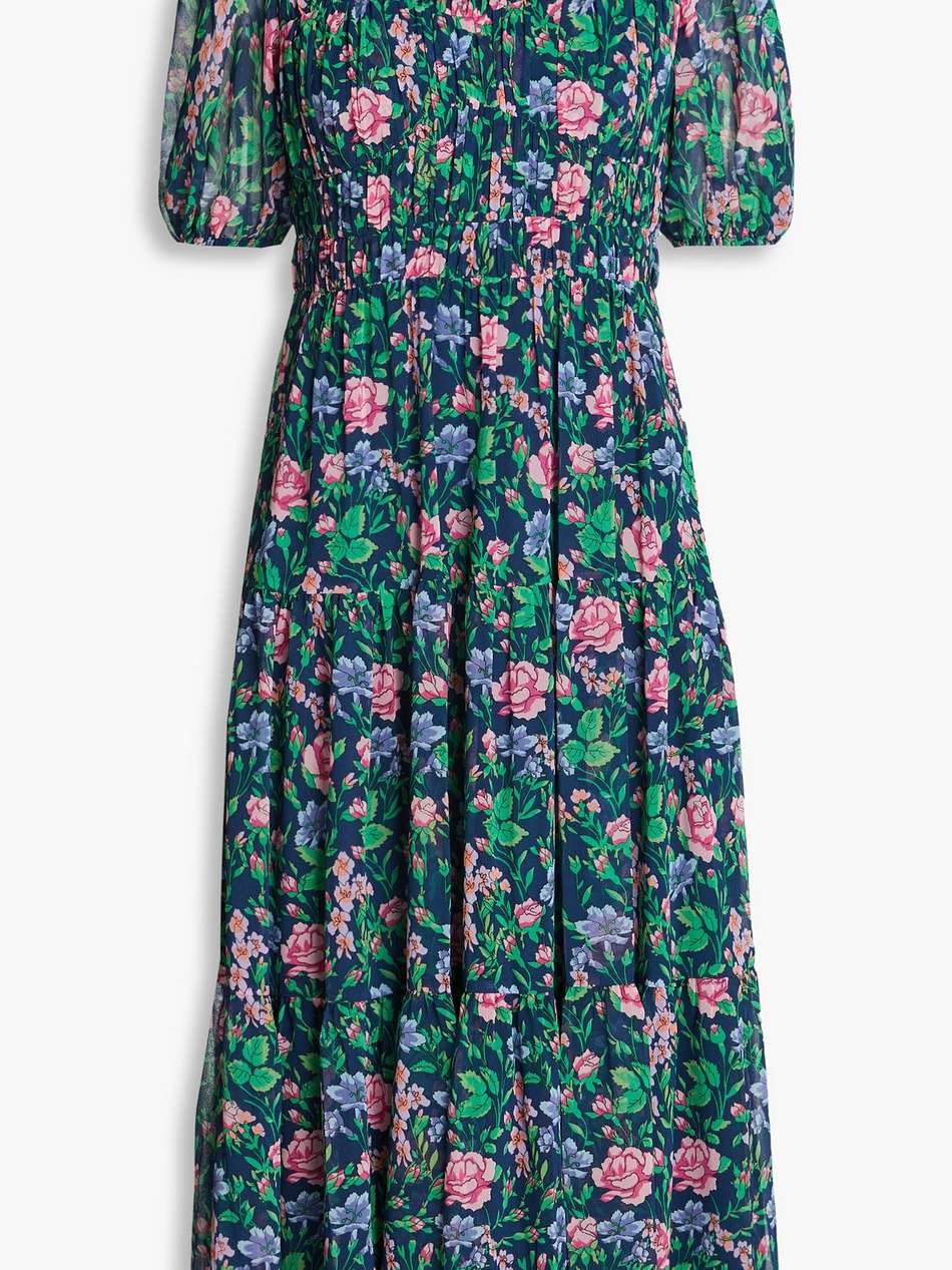 blossom gathered floral-print chiffon midi dress
