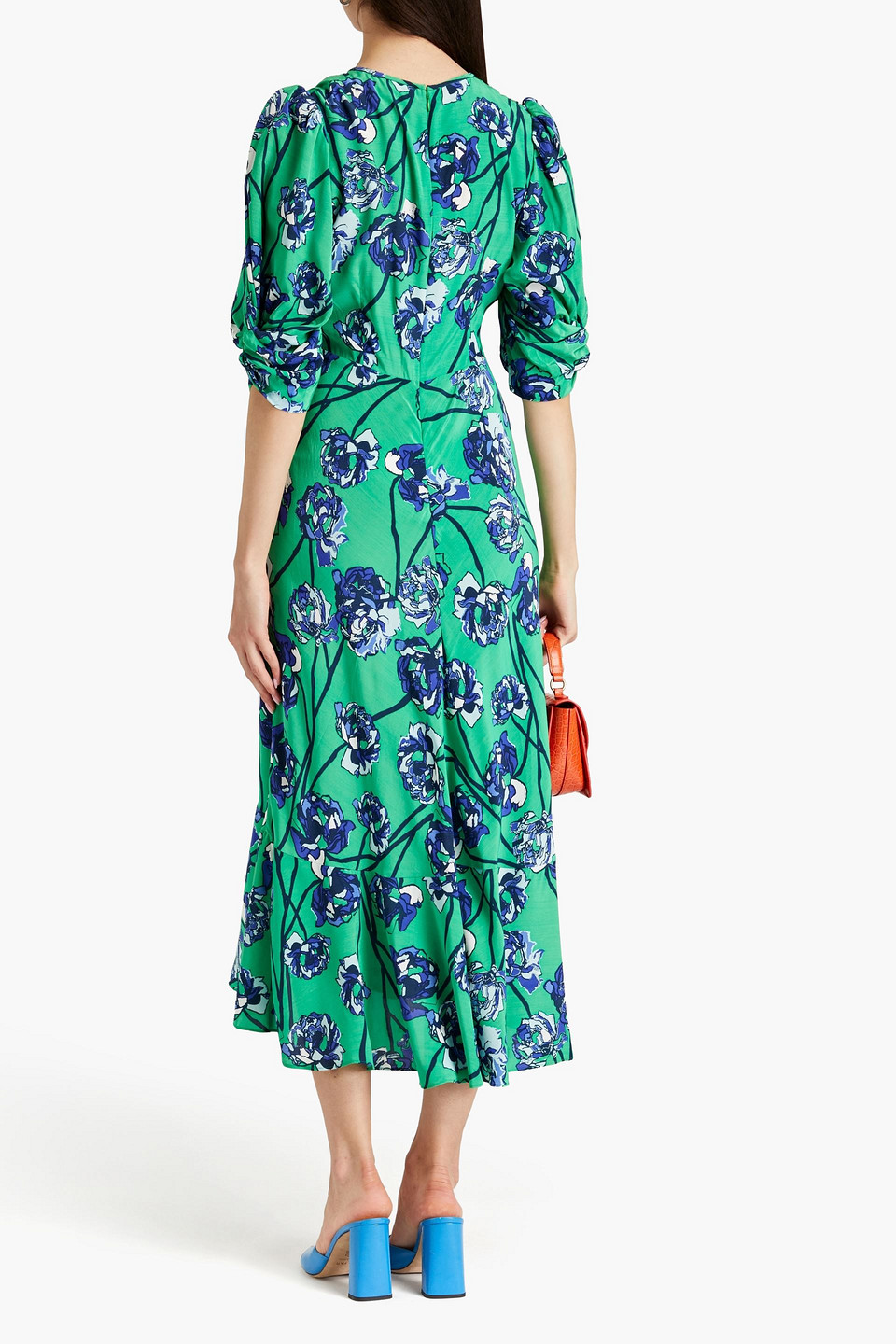 Shop Diane Von Furstenberg Tati Gathered Floral-print Satin Midi Dress In Green