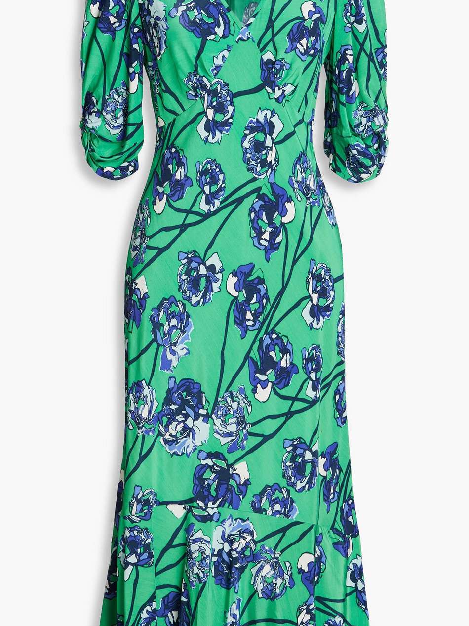 tati gathered floral-print satin midi dress