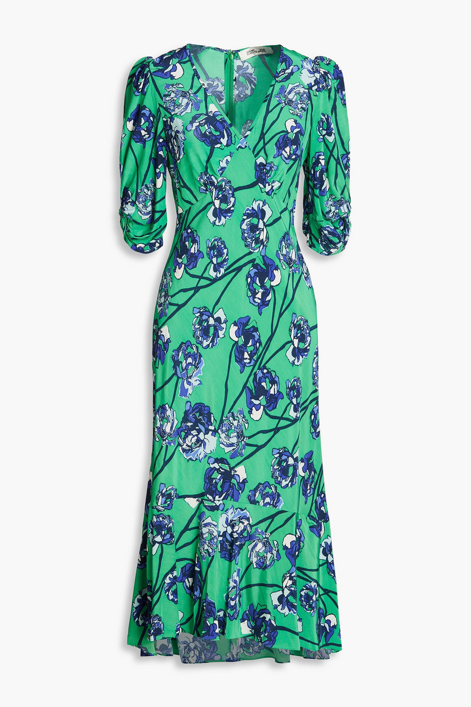 Shop Diane Von Furstenberg Tati Gathered Floral-print Satin Midi Dress In Green