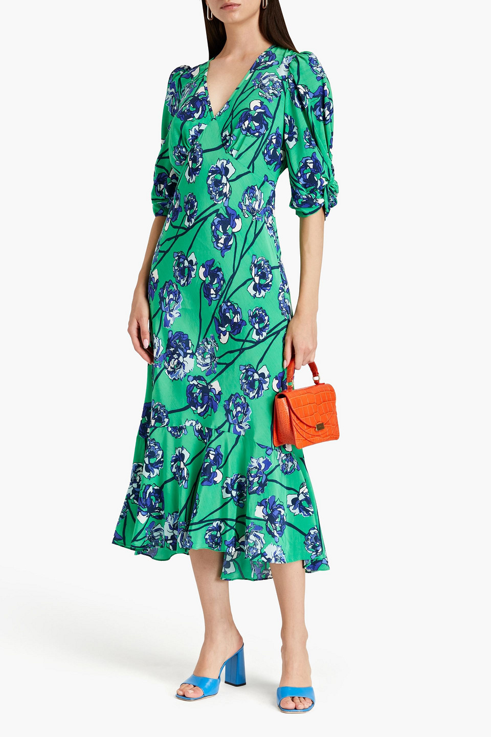 Shop Diane Von Furstenberg Tati Gathered Floral-print Satin Midi Dress In Green