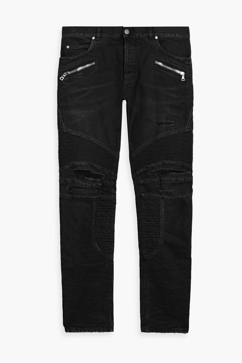 Skinny Fit Distressed Ribbed Leather Denim Jeans