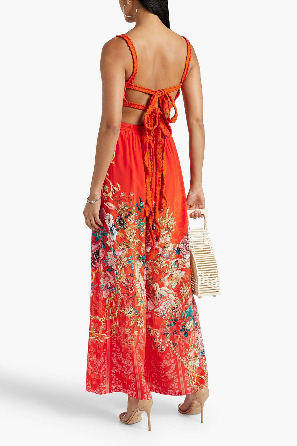 Camilla Crystal-embellished Printed Silk-chiffon Wide-leg Pants In Papaya