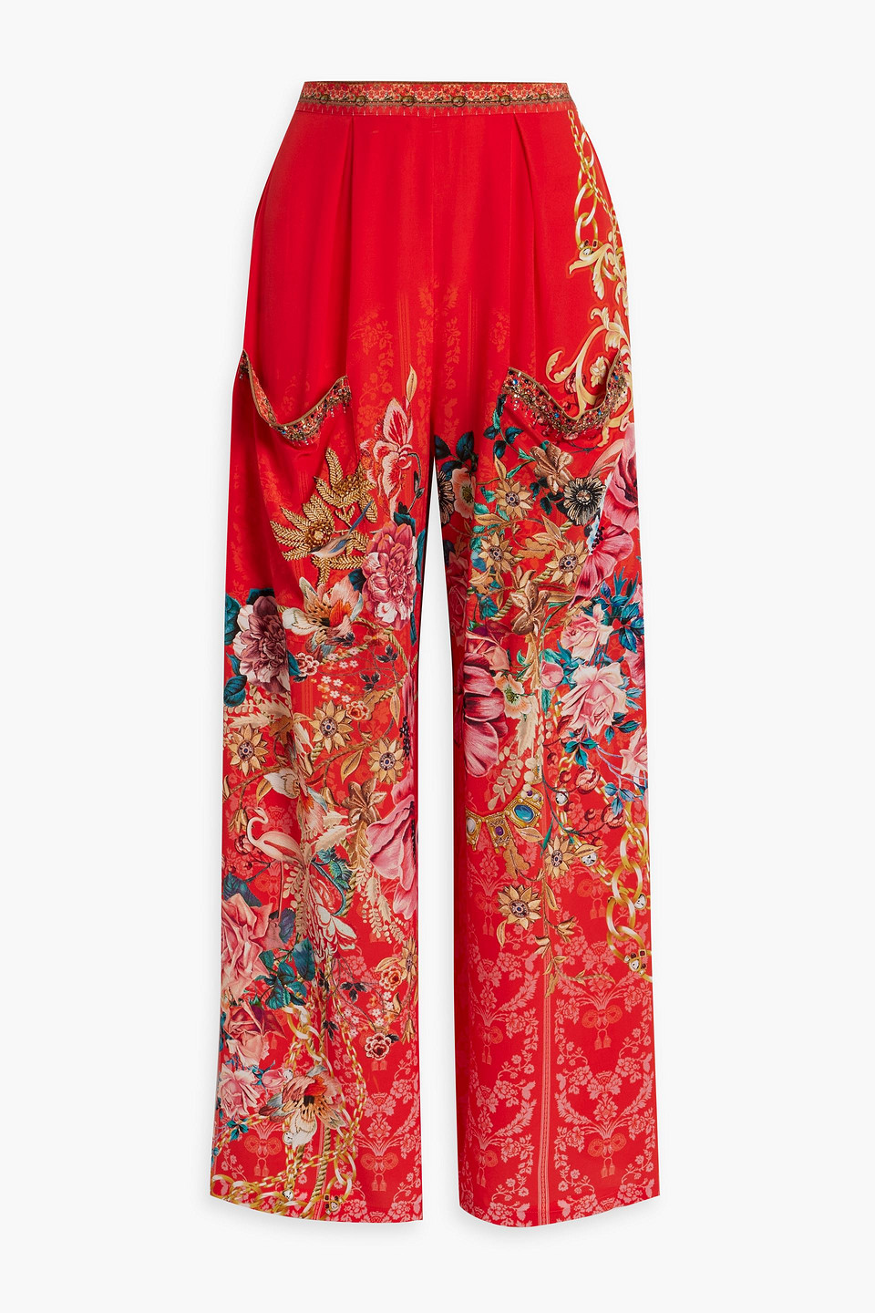 Camilla Crystal-embellished Printed Silk-chiffon Wide-leg Pants In Papaya