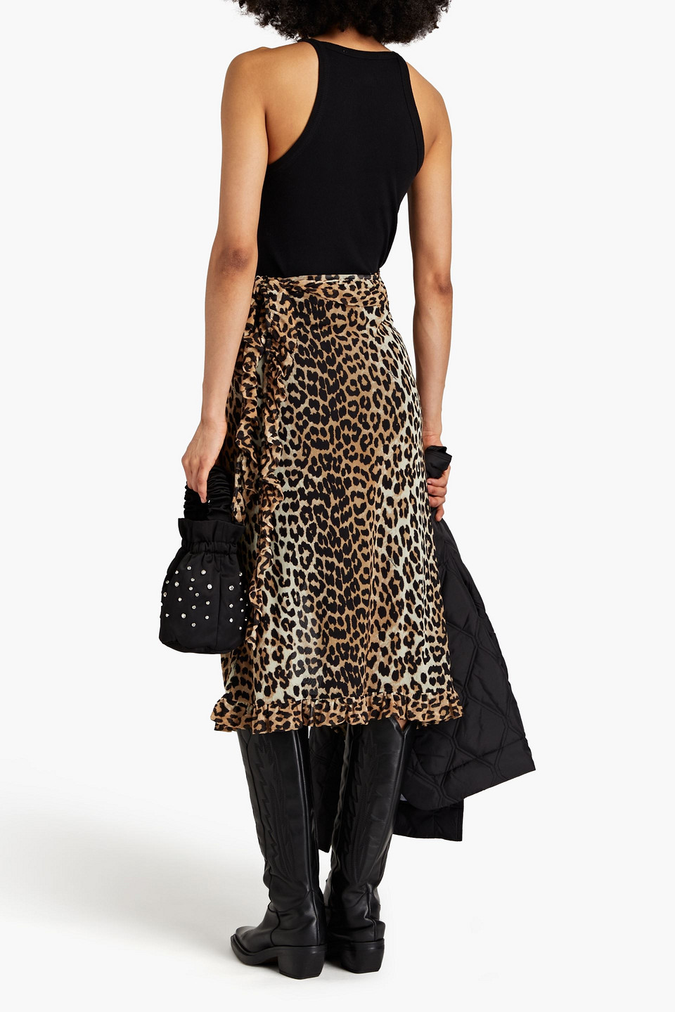 Shop Ganni Ruffled Leopard-print Stretch-mesh Midi Wrap Skirt In Animal Print