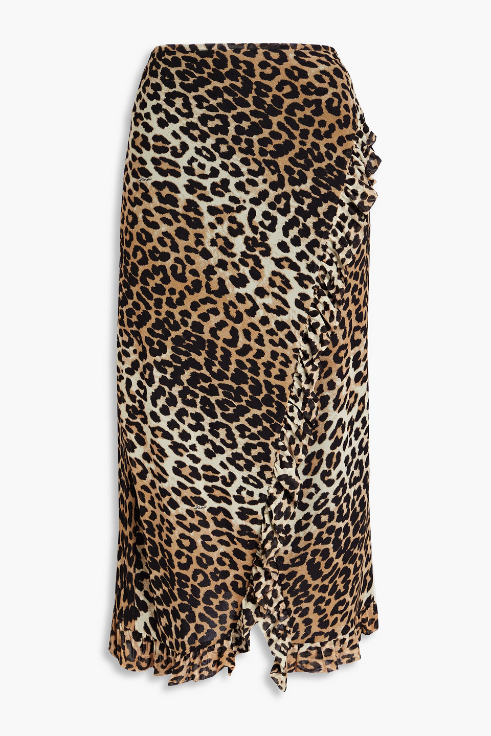 Shop Ganni Ruffled Leopard-print Stretch-mesh Midi Wrap Skirt In Animal Print